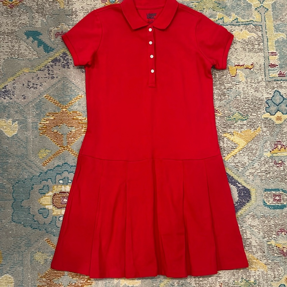 New!! Lands’End Pleated Button Dress. Size 10 Red. 100% cotton.